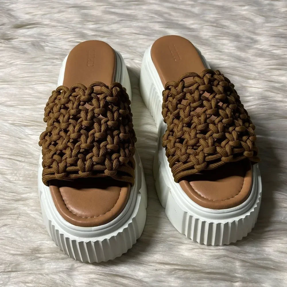 Anthropologie Maeve Crochet Platform Sandals in Brown | Size 8.5/9